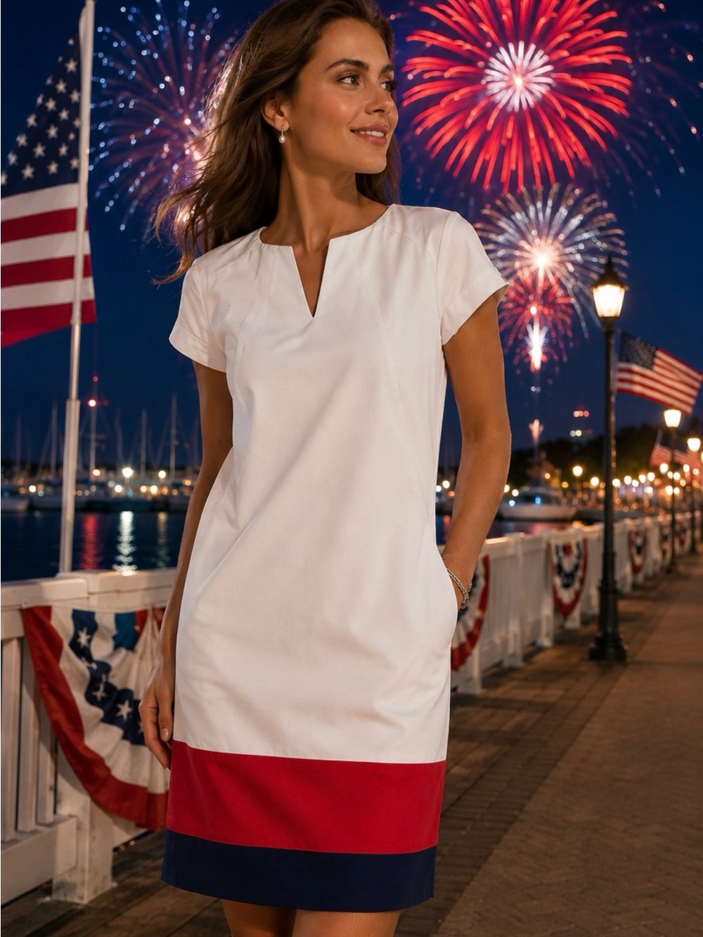 Gizia European Designer Shift Dress White Nautical Patriotic 4 July Stretch 38 S